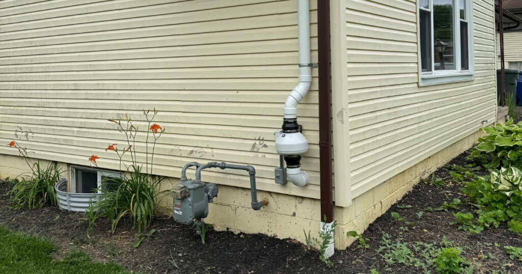 radon mitigation mounted at the exterior wall of a residential house in columbus ohio